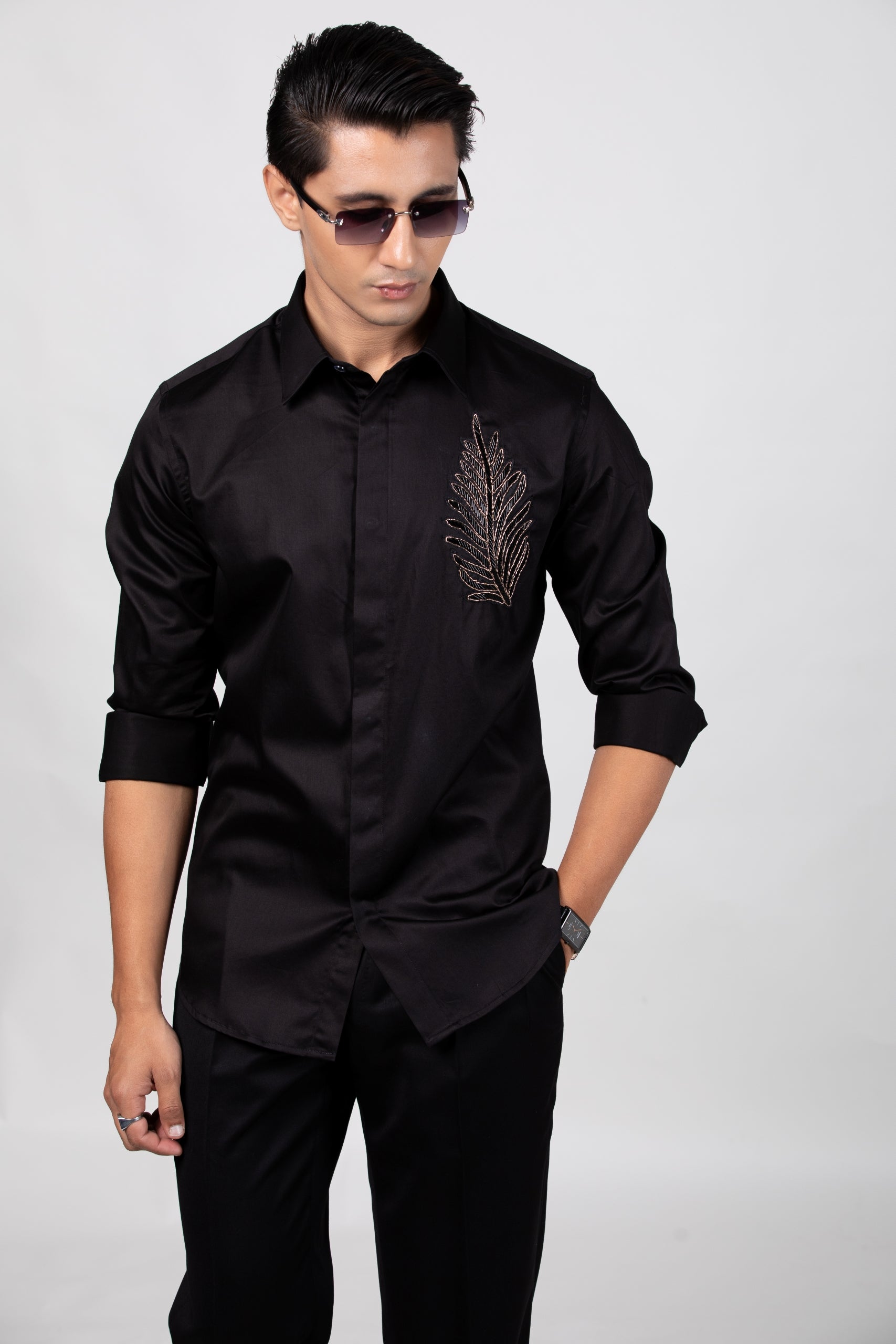 Leaf - Hand Embroidered Black