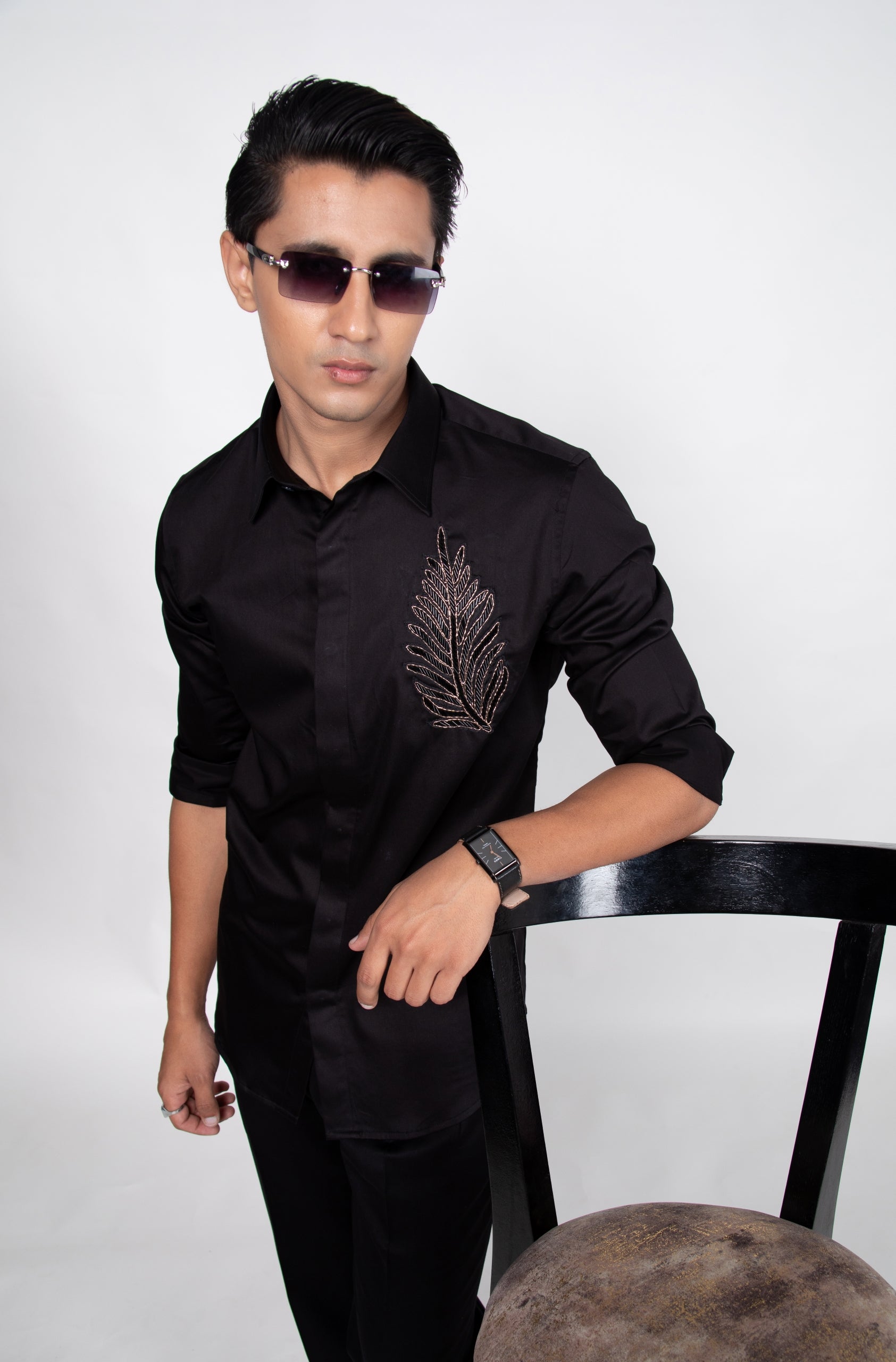 Leaf - Hand Embroidered Black