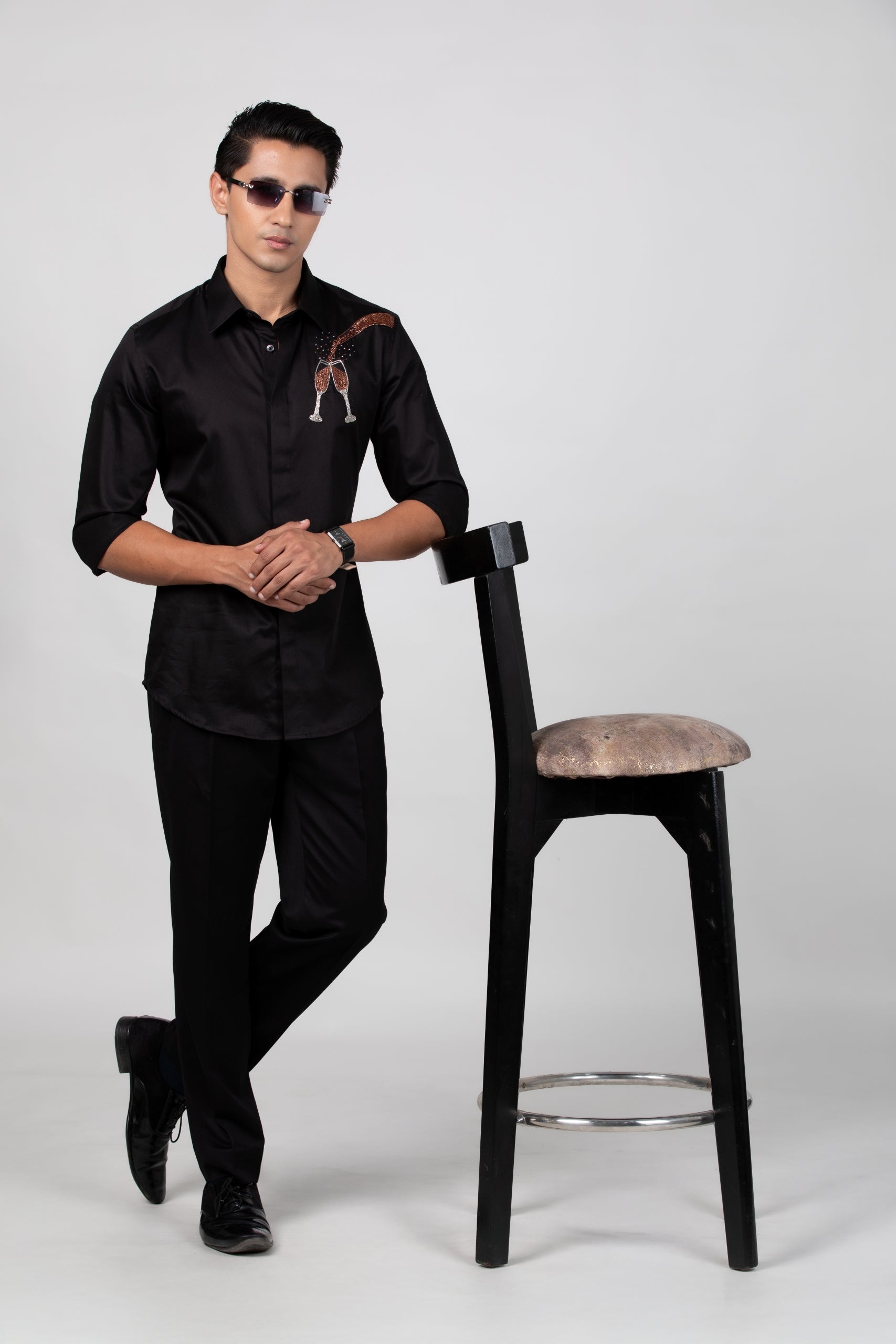 Champagne Glass Shirt - Hand Embroidered Black