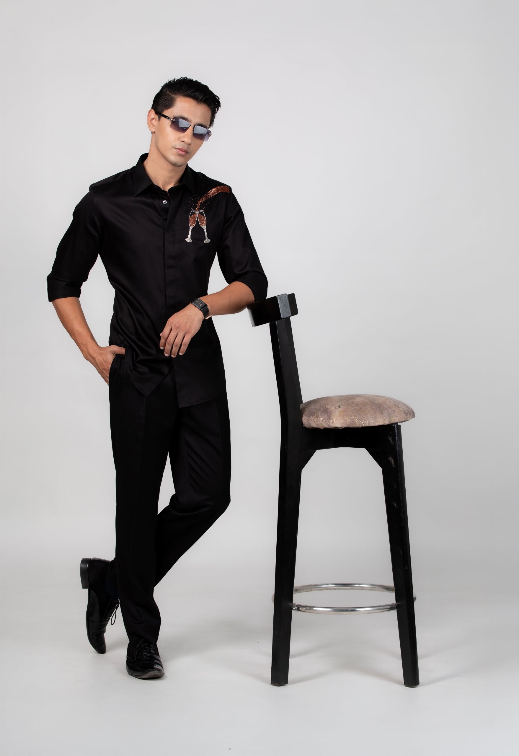 Champagne Glass Shirt - Hand Embroidered Black