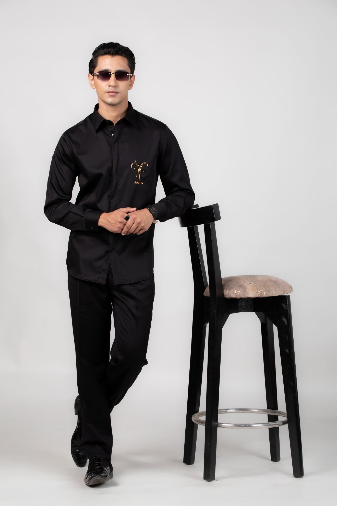 Aries Shirt (Mar 21 - Apr 19) - Hand Embroidered Black