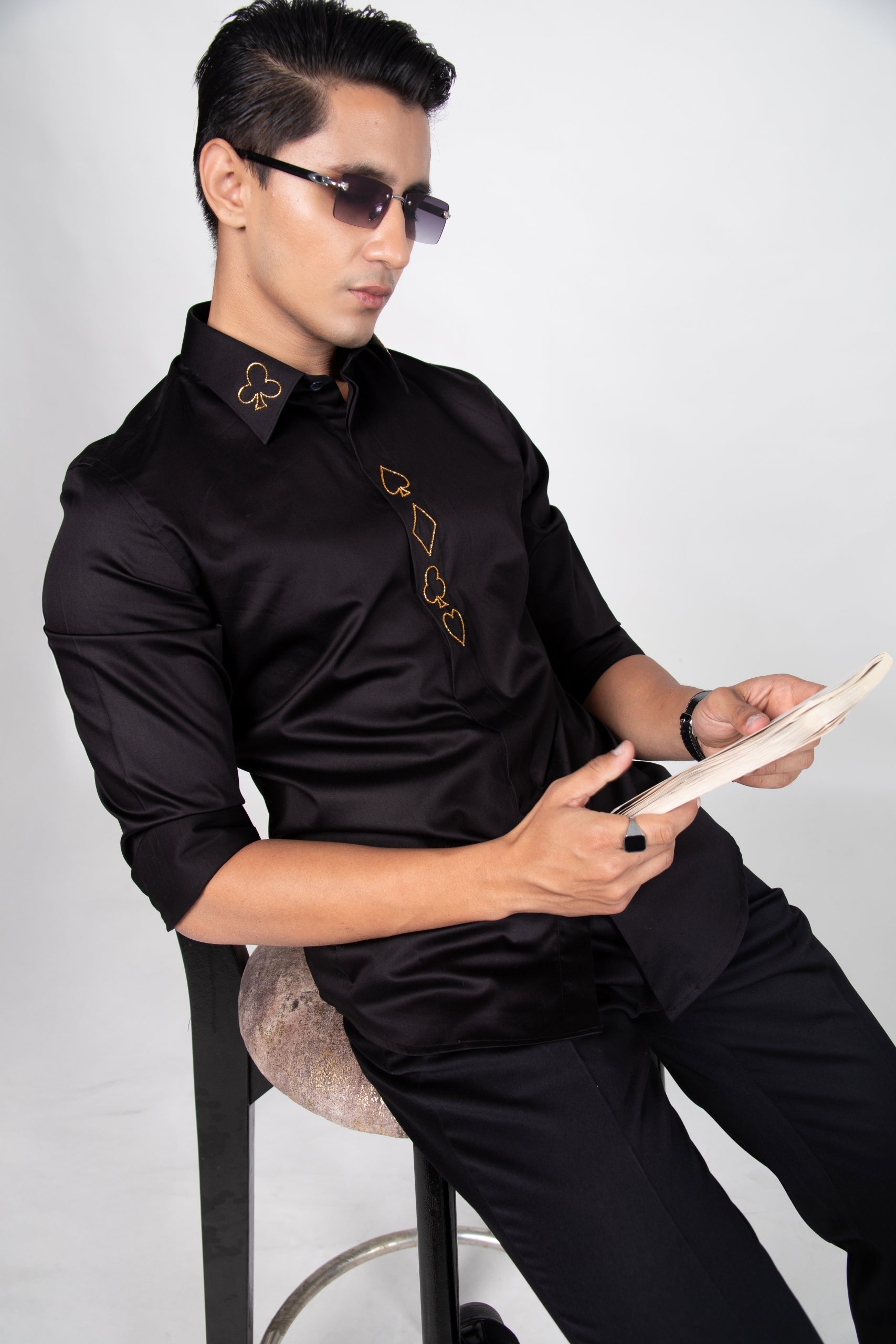 Stacked Game Night Shirt - Hand Embroidered Black