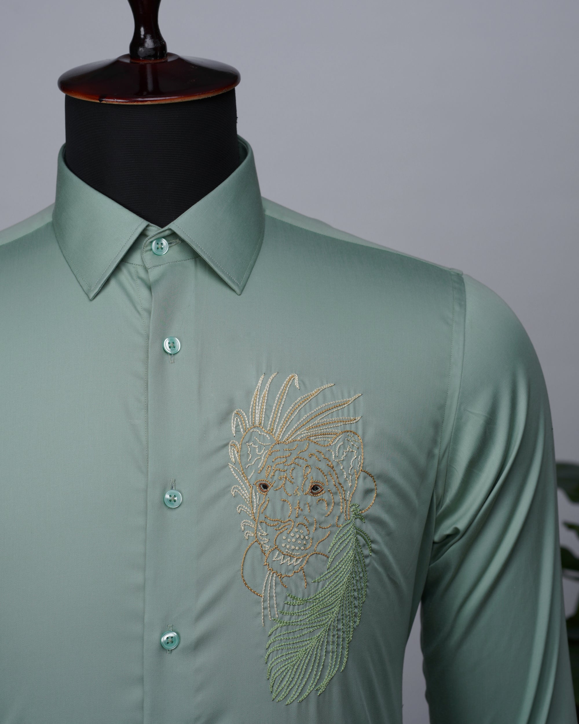 Mint-Green Shirt with Hand-Embroidery