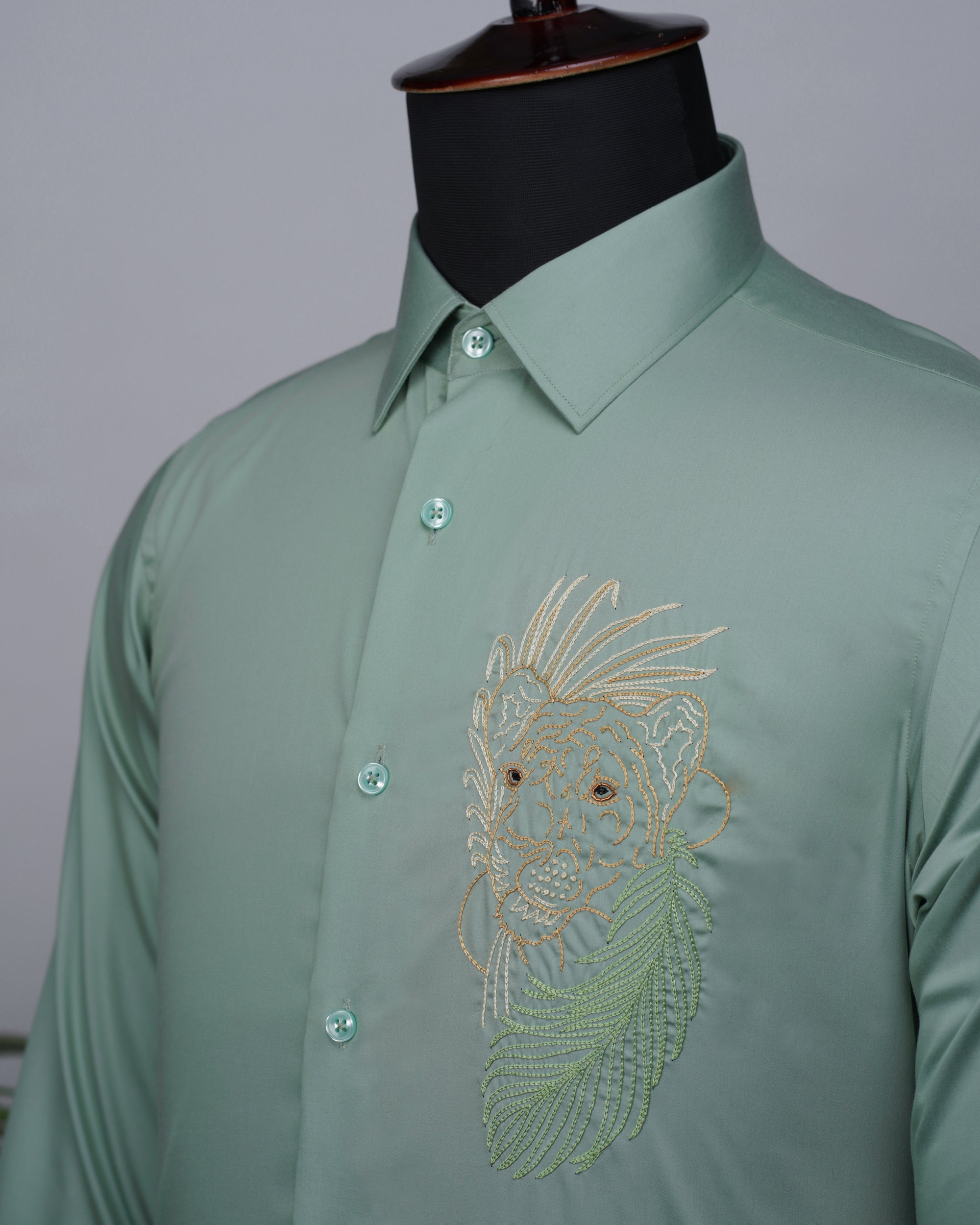 Mint-Green Shirt with Hand-Embroidery