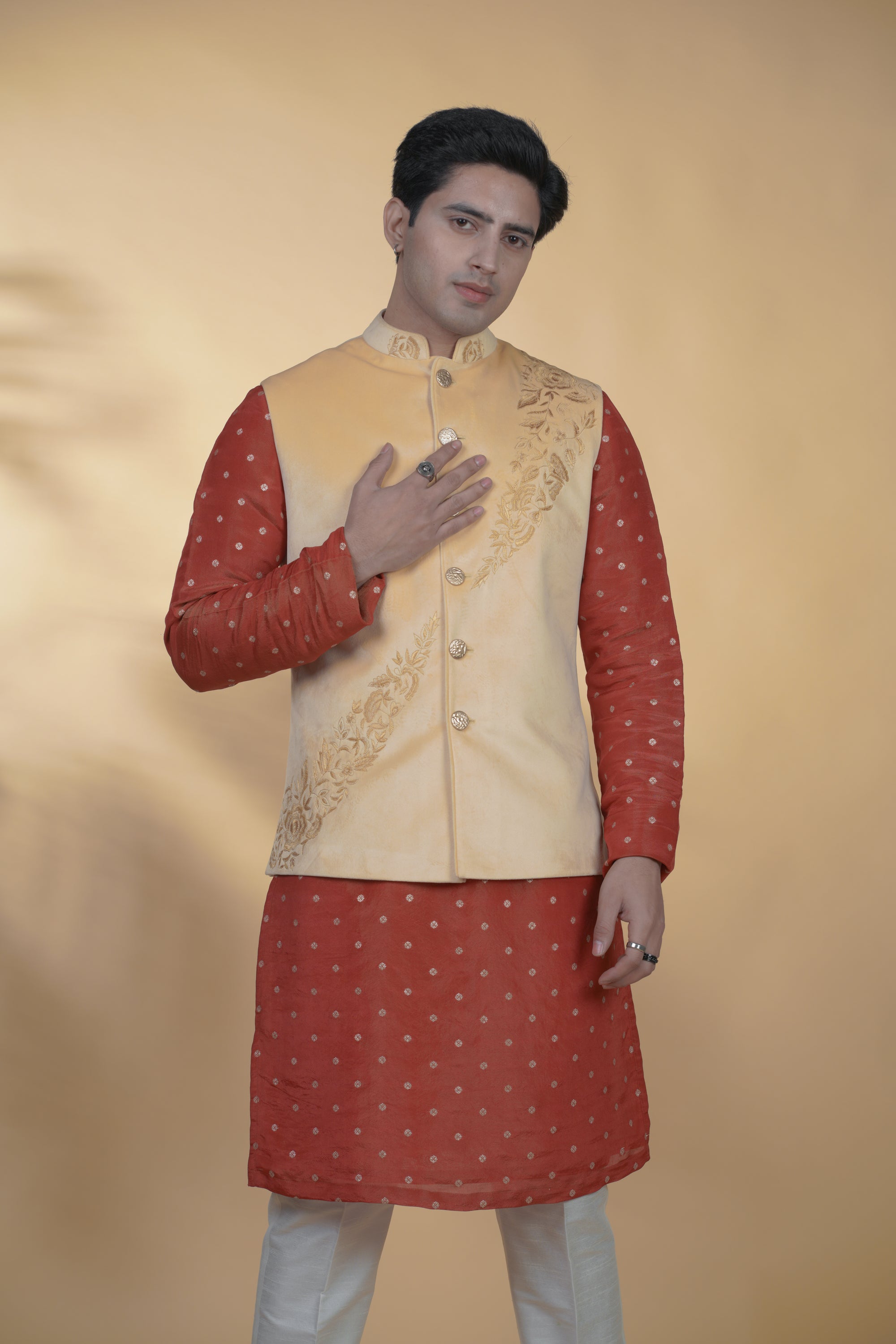 Yellow Velvet Hand Embroidered Bundi Jacket