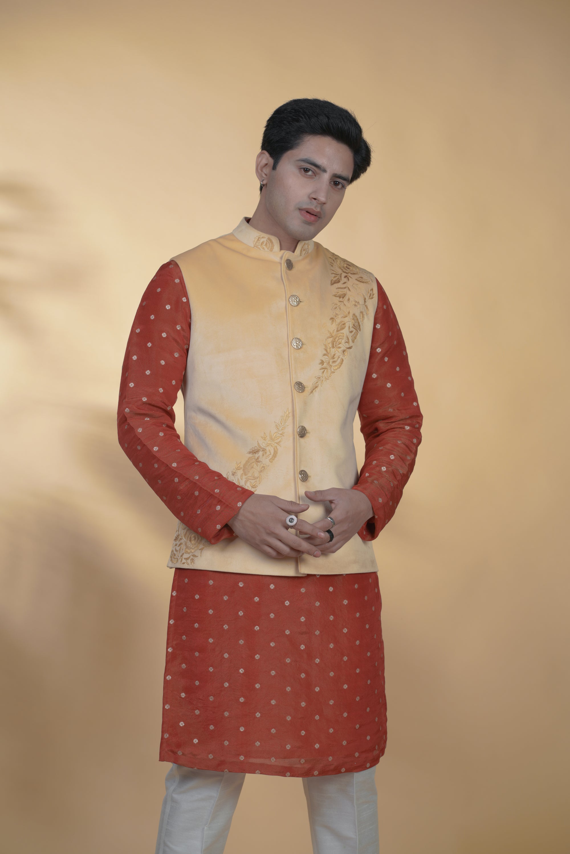 Yellow Velvet Hand Embroidered Bundi Jacket