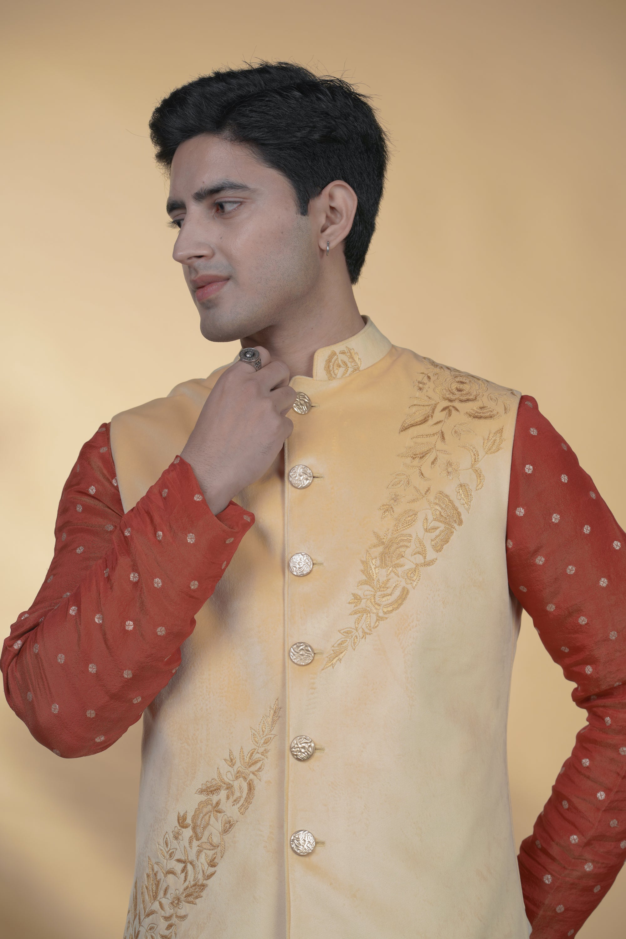 Yellow Velvet Hand Embroidered Bundi Jacket