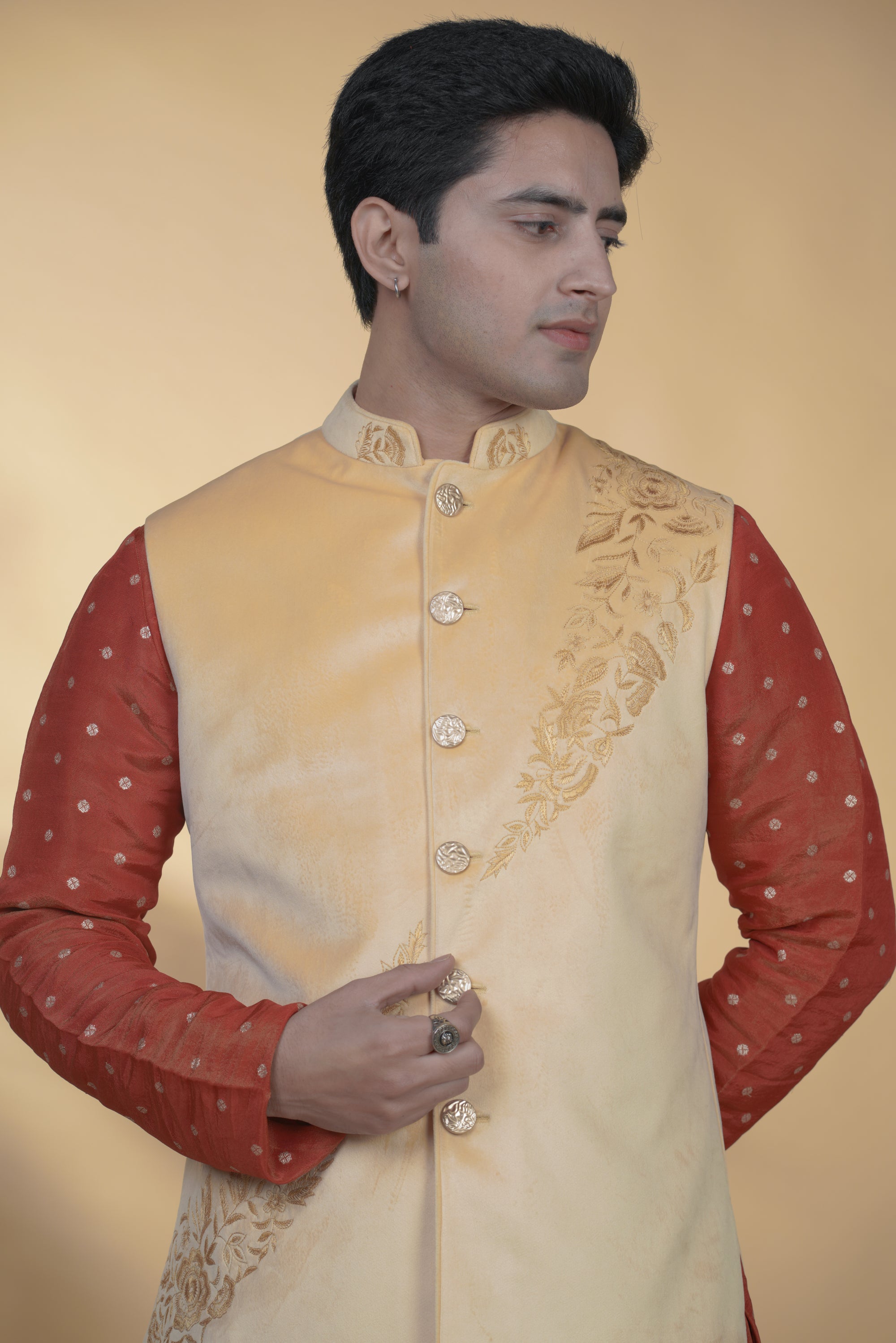 Yellow Velvet Hand Embroidered Bundi Jacket