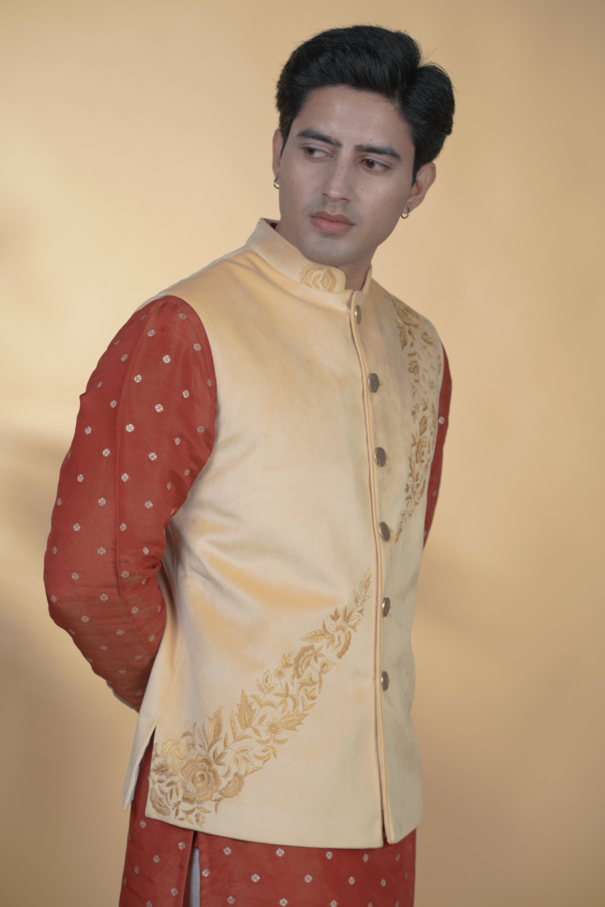 Yellow Velvet Hand Embroidered Bundi Jacket