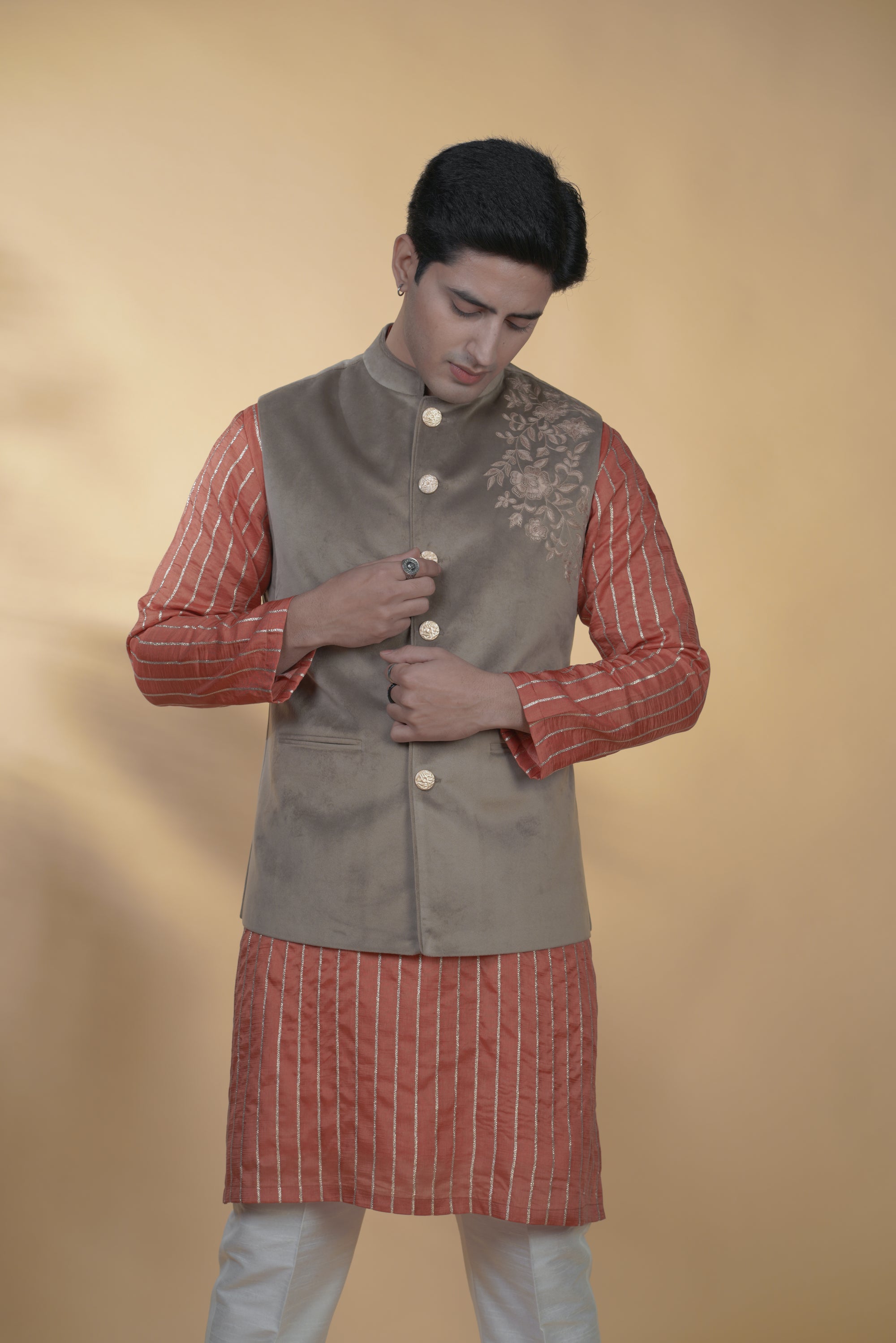 Light Brown Velvet Hand Embroidered Bundi Jacket