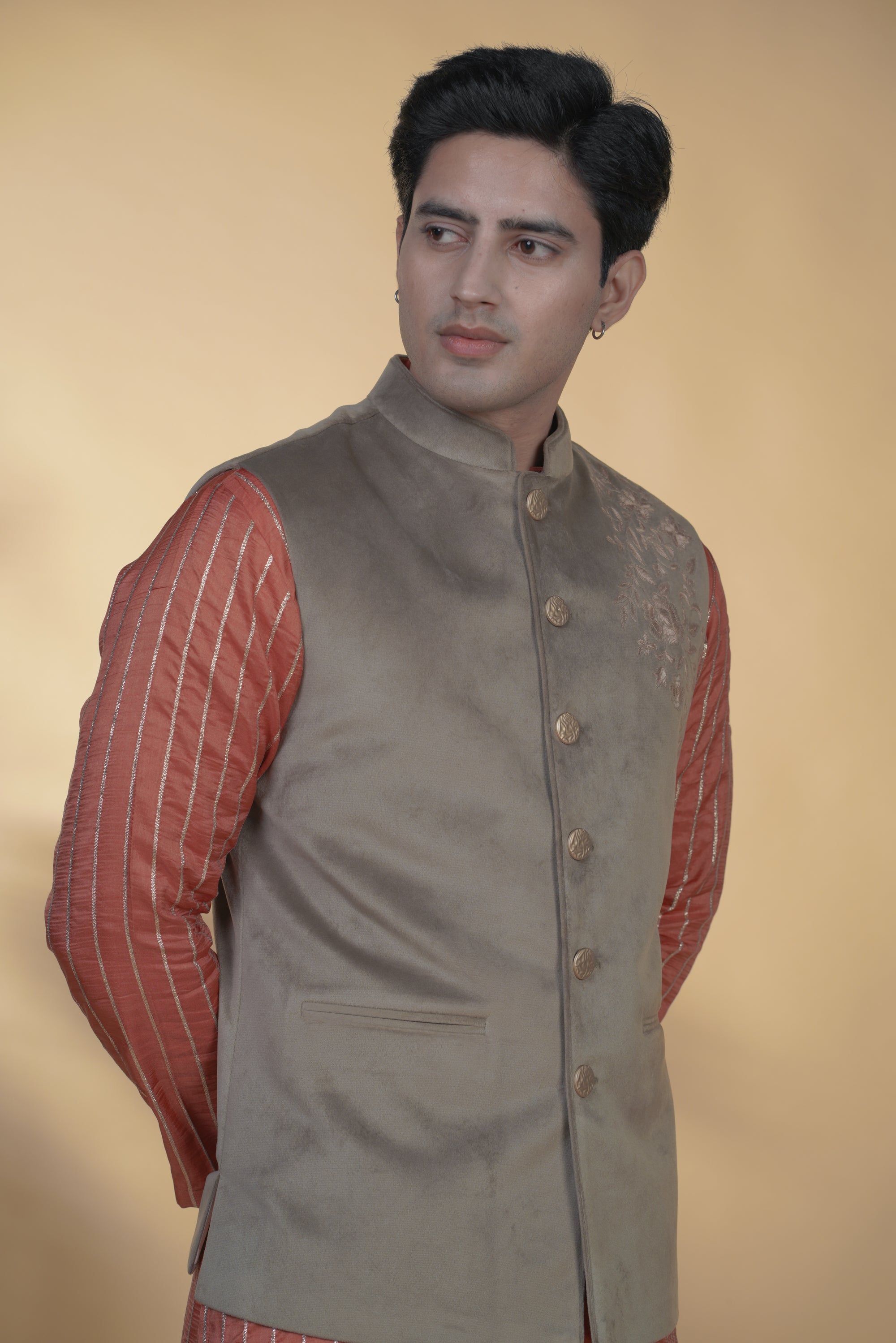 Light Brown Velvet Hand Embroidered Bundi Jacket