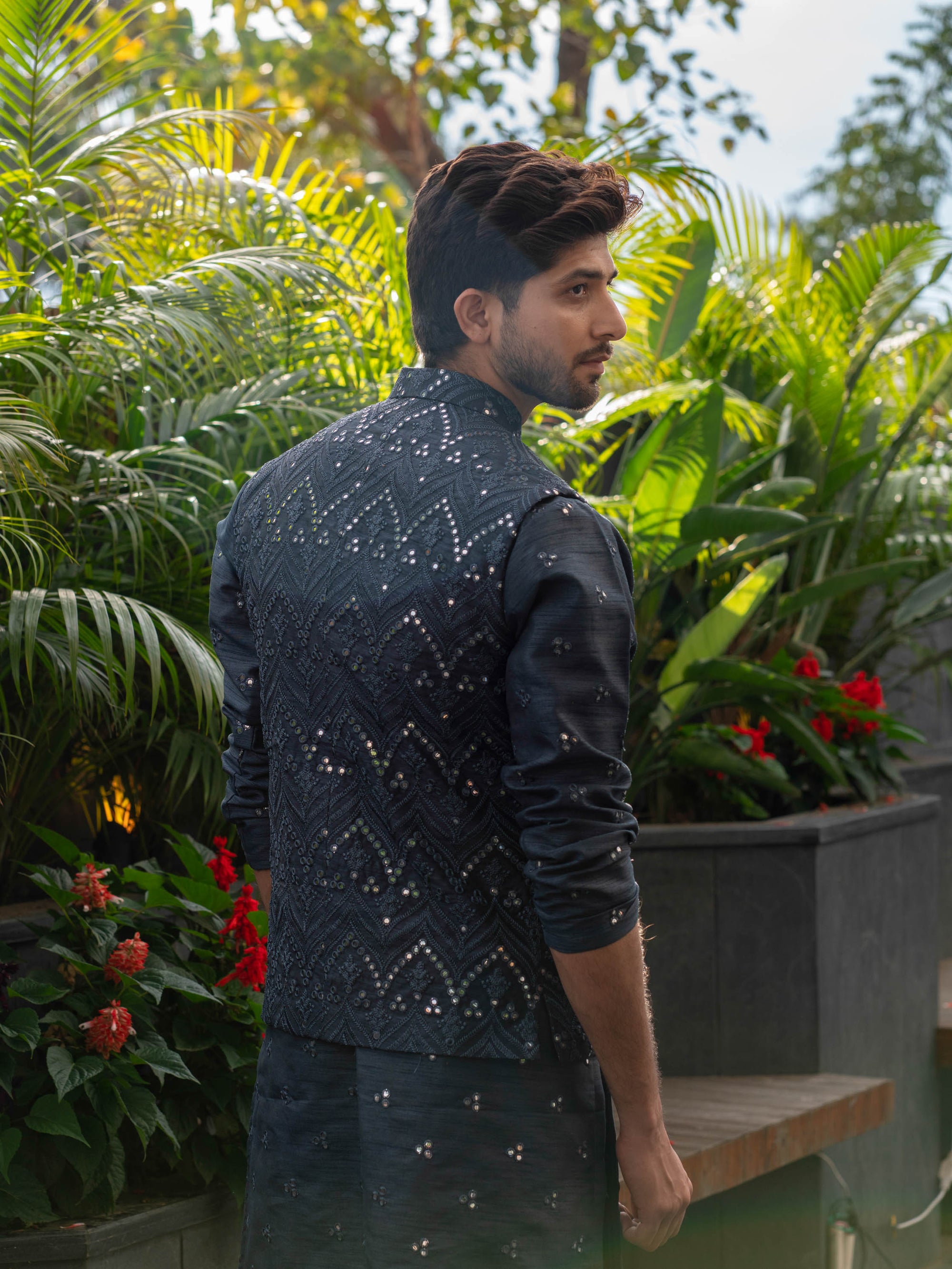 Grey Silk Bundi Jacket With mirror work